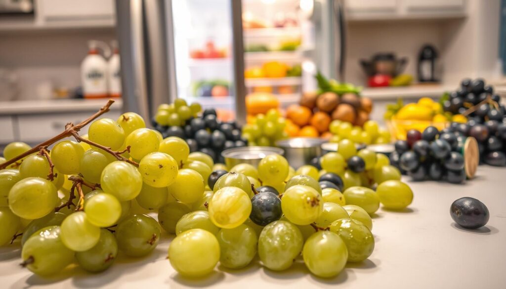 A close-up view of fresh, plump green and purple grapes being prepared for freezing. In the foreground, the grapes are laid out on a clean, white kitchen counter, some still attached to the vine, glistening with droplets of water as if just washed. Scattered around them are small containers and a knife, indicating preparation activity. In the middle ground, a bright refrigerator door is slightly open, showcasing more fruits and vegetables inside, creating an inviting home kitchen atmosphere. The background features soft, warm kitchen lighting, giving a cozy feeling. The focus should capture the vibrant colors and textures of the grapes, suggesting freshness and a sense of anticipation for freezing.
