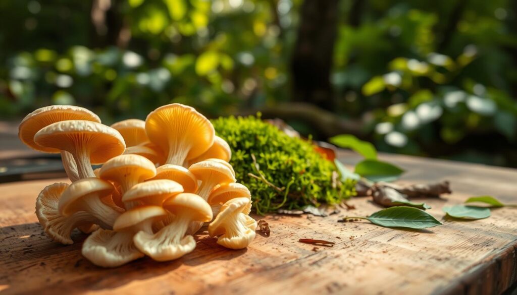 A close-up view of raw honey mushrooms, showcasing their delicate, pale yellow caps and white, fibrous stems. The foreground features a cluster of the mushrooms carefully arranged on a rustic wooden cutting board, highlighting their unique textures and shapes. In the middle ground, fresh moss and scattered forest leaves create a natural setting, providing context to the fungi’s habitat. The background includes soft-focus greenery, suggesting a forest environment, with dappled sunlight filtering through the leaves, casting gentle shadows. The overall mood is earthy and serene, emphasizing the natural beauty and potential concerns of consuming raw mushrooms. Capture the image with soft, natural lighting using a macro lens to enhance details and textures.