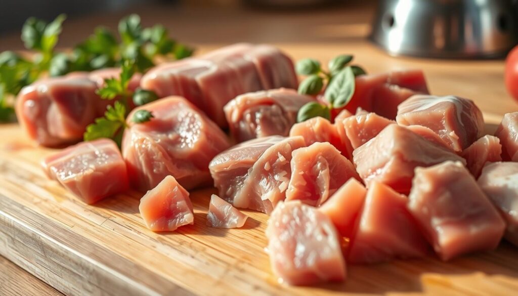 A close-up view of several cuts of raw pork, specially prepared for a dog’s meal. The pork pieces should be displayed on a clean wooden cutting board, showcasing various shapes and sizes, such as lean pork loin, fatty belly slices, and chunks suitable for dog consumption. Soft, natural lighting emphasizes the freshness of the meat, casting gentle shadows on the board. In the background, hints of fresh herbs like parsley and basil add a touch of color, while a blurred pet bowl hints at a warm kitchen environment. The overall mood should be inviting and wholesome, illustrating a safe, nutritious meal option for dogs, focusing on healthy ingredients.