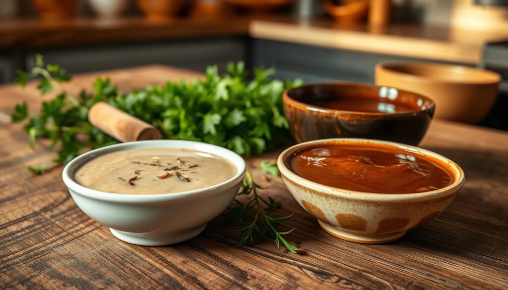 A close-up view of two sauces, a light gravy and a dark gravy, artistically arranged on a rustic wooden table. In the foreground, the light gravy is creamy with a smooth texture, served in a delicate porcelain bowl, with small herbs sprinkled on top for garnish. Next to it, the rich dark gravy is in a slightly larger bowl, glistening with a glossy finish, showing hints of seasoning. In the middle ground, there are fresh herbs and spices scattered, creating a lively kitchen atmosphere. The background features a softly lit kitchen, with warm lighting casting gentle shadows, enhancing the savory mood. The image captures the comforting essence of homemade gravies, inviting the viewer to explore the differences between the two.