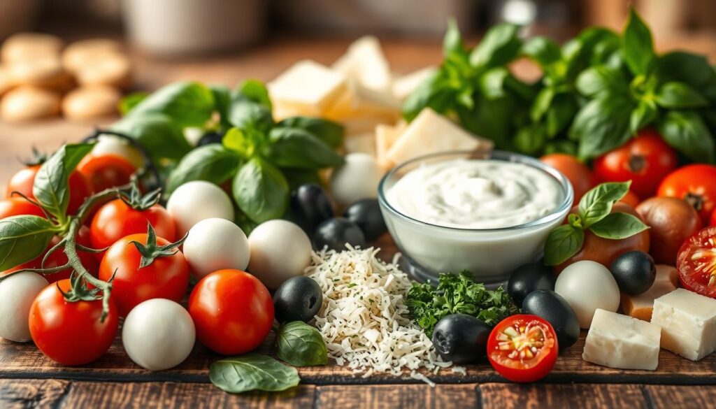 A collection of delicious toppings suitable for white pizza sauce, featuring fresh ingredients artfully arranged on a rustic wooden table. In the foreground, there are vibrant cherry tomatoes, creamy mozzarella balls, sliced black olives, and fragrant basil leaves. In the middle ground, a small bowl of white pizza sauce sits alongside minced garlic, chopped parsley, and finely grated Parmesan cheese. The background is softly blurred, suggesting an inviting kitchen atmosphere with warm lighting that highlights the freshness of the ingredients. The mood is cheerful and appetizing, perfect for showcasing a variety of toppings that complement creamy white sauces in pizza. No text or overlays present in the image.