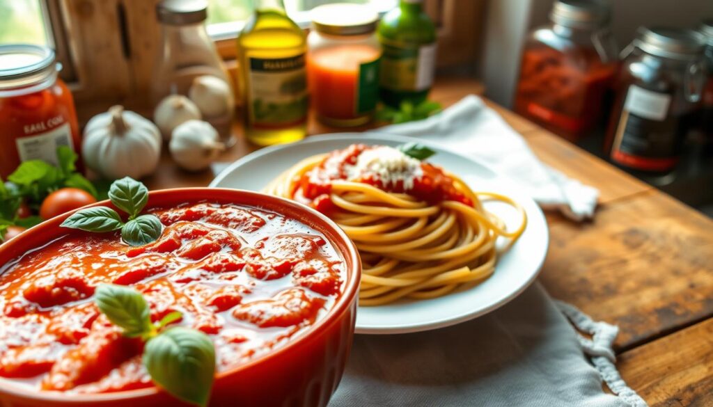 A colorful bowl of tomato sauce, vibrant red and glistening, is in the foreground, with fresh basil leaves and a sprinkle of parmesan cheese on top for garnish. In the middle, a plate of spaghetti twirls elegantly, showcasing the rich sauce draped over the pasta. The background features a rustic wooden table with a soft linen cloth, and jars of additional ingredients like garlic, olive oil, and crushed tomatoes are arranged aesthetically. Natural sunlight filters through a nearby window, casting a warm, inviting glow over the scene, enhancing the fresh, homemade feel. The mood is cozy and appetizing, perfect for a quick yet delicious Italian meal.