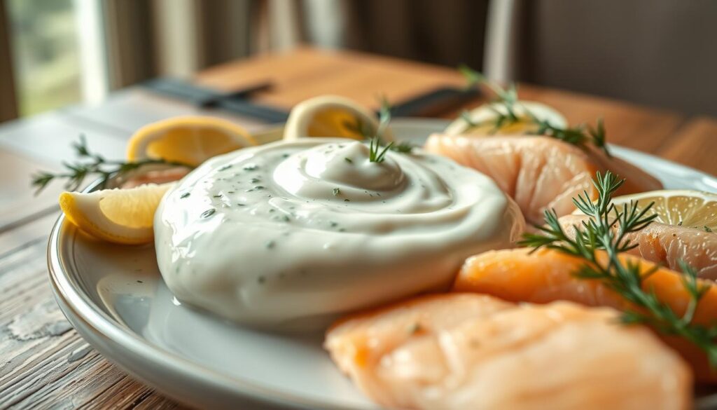 A contemporary plate of cold horseradish sauce, beautifully arranged with a glossy texture, will be the focus of the image. The sauce will be a vibrant white with subtle green herbs expertly mixed in, showcasing freshness. Surrounding the sauce, elegantly presented are slices of tender, flaky cod and salmon fillets garnished with lemon wedges and sprigs of dill, adding vibrant color. In the background, a rustic wooden table sets a warm, inviting atmosphere, with soft natural light cascading in from a nearby window, creating delicate highlights on the food. A shallow depth of field emphasizes the sauce and fish, while the background remains softly blurred for a refined culinary aesthetic. The mood conveys a sophisticated yet approachable dining experience, perfect for discerning palates.