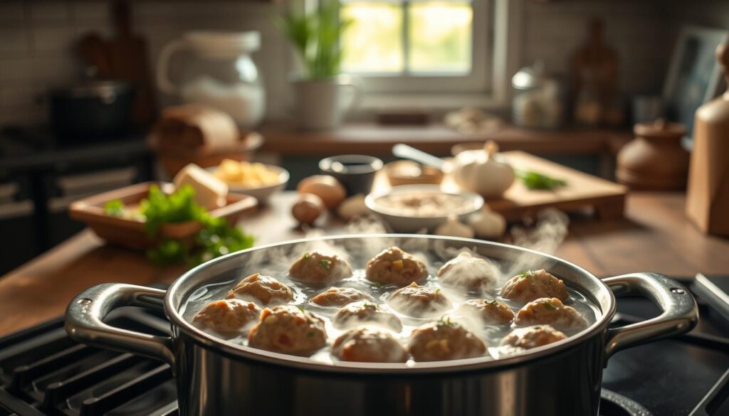 A cozy kitchen atmosphere with a stovetop pot filled with simmering meatballs, carefully arranged in the foreground. The meatballs are steaming, showcasing different sizes, and surrounded by a small ladle and fresh herbs such as parsley and dill for garnish. In the middle ground, a rustic wooden table holds ingredients like breadcrumbs, garlic cloves, and seasonings, creating a vibrant, culinary setting. In the background, soft sunlight streams through a window, illuminating the kitchen with a warm, inviting glow. The overall mood evokes a sense of comfort and homeliness, emphasizing the cooking process of meatballs in water, sauce, and steamed. The image should have a shallow depth of field to focus on the pot while gently blurring the background elements.