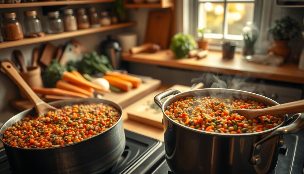 A cozy kitchen scene capturing the process of cooking lentils. In the foreground, a large pot filled with vibrant red, green, and black lentils simmering on a stovetop, with steam gently rising. A wooden spoon rests beside the pot, emphasizing a natural cooking atmosphere. The middle ground features an array of fresh vegetables like carrots and onions, coarsely chopped, arranged on a rustic wooden cutting board. The background showcases warm, inviting kitchen elements, such as shelves filled with jars of spices, herbs, and a softly glowing window letting in natural light. The lighting should evoke a warm, homely mood, conveying the comfort of home-cooked meals. The angle should be slightly overhead to offer a comprehensive view of this culinary experience.