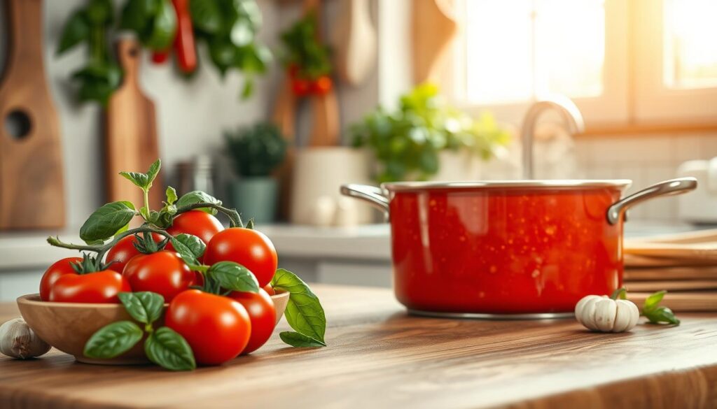 A cozy kitchen scene featuring a beautiful wooden countertop with fresh ingredients for spaghetti sauce. In the foreground, a bowl of ripe, juicy red tomatoes, basil leaves, and garlic cloves are artfully arranged. A simmering pot of vibrant tomato sauce with a rich, glossy texture sits in the middle, with steam gently rising. The background reveals herbs hanging from hooks and a window allowing warm, golden sunlight to filter through, creating a welcoming atmosphere. Use a soft focus on the background to emphasize the sauce in the foreground. Capture the mood of a home-cooked meal, highlighting warmth and comfort, with a shallow depth of field for a professional, inviting presentation.