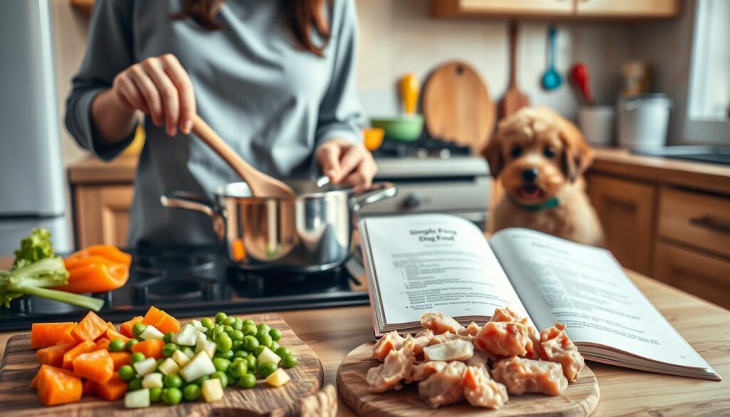 A cozy kitchen scene featuring a person in casual, modest clothing, preparing homemade dog food. In the foreground, a wooden cutting board holds fresh, diced vegetables like carrots and peas, along with chunks of lean pork. A pot on the stove simmers gently, releasing steam, while the person stirs the ingredients with a wooden spoon. In the middle, an open recipe book lies on the counter, showcasing simple recipes for dog food. The background shows soft, warm lighting with wooden cabinets and colorful kitchen utensils, creating a homely atmosphere. A playful dog sits patiently nearby, watching eagerly. The overall mood is joyful and nurturing, emphasizing the love and care in cooking for a pet.