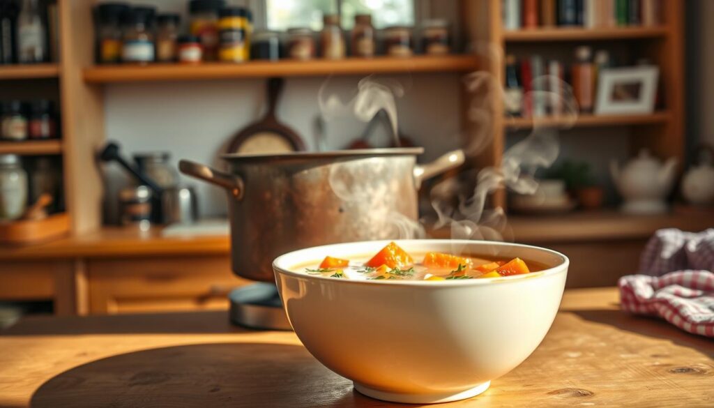 A cozy kitchen scene featuring a steaming bowl of soup, placed prominently in the foreground on a wooden table, showcasing vibrant ingredients like carrots, herbs, and tomatoes floating in the broth. In the middle, a rustic pot is partially visible, hinting at the process of heating the soup after defrosting it. The background contains a softly lit kitchen with shelves stocked with spices and cookbooks, creating a warm and inviting atmosphere. Sunlight streams in from a nearby window, casting gentle shadows and enhancing the colors of the ingredients. The overall mood is comforting and homely, evoking thoughts of culinary warmth and the anticipation of enjoying a delicious, flavorful meal after freezing and reheating.