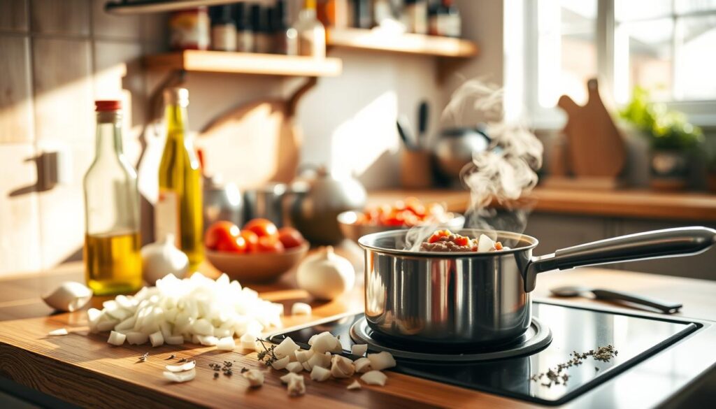 A cozy kitchen scene featuring a wooden countertop filled with essential ingredients to make meat sauce from scratch. In the foreground, a small saucepan simmers on the stove, releasing steam, with chopped onions and garlic scattered nearby. A bottle of olive oil, a bowl of diced tomatoes, and a sprinkle of dried herbs like oregano and basil are placed around the saucepan, showcasing simplicity in cooking. In the middle ground, sunlight streams through a window, illuminating the warm scene and casting gentle shadows. The background features shelves with spices and utensils, further emphasizing a homey, inviting atmosphere. The lens captures this inviting setup with a soft focus, creating a warm, rustic vibe reminiscent of home cooking. A cozy kitchen scene featuring a wooden countertop filled with essential ingredients to make meat sauce from scratch. In the foreground, a small saucepan simmers on the stove, releasing steam, with chopped onions and garlic scattered nearby. A bottle of olive oil, a bowl of diced tomatoes, and a sprinkle of dried herbs like oregano and basil are placed around the saucepan, showcasing simplicity in cooking. In the middle ground, sunlight streams through a window, illuminating the warm scene and casting gentle shadows. The background features shelves with spices and utensils, further emphasizing a homey, inviting atmosphere. The lens captures this inviting setup with a soft focus, creating a warm, rustic vibe reminiscent of home cooking.