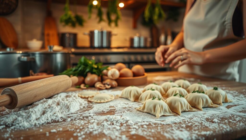 A cozy kitchen scene focused on the preparation of "uszka" dumplings. In the foreground, there is a wooden countertop covered with flour, a rolling pin, and a pair of hands skillfully shaping the dumplings. The middle layer features neatly arranged parcels of dumplings ready for boiling, surrounded by fresh ingredients like mushrooms, herbs, and onions. In the background, a softly lit kitchen with warm tones, showing pots on the stove and hanging herbs. The lighting is warm and inviting, creating a sense of comfort and tradition. The camera angle is slightly overhead, capturing the intricate details of the dumplings being prepared. The atmosphere is homely and nostalgic, evoking the art of cooking cherished family recipes.