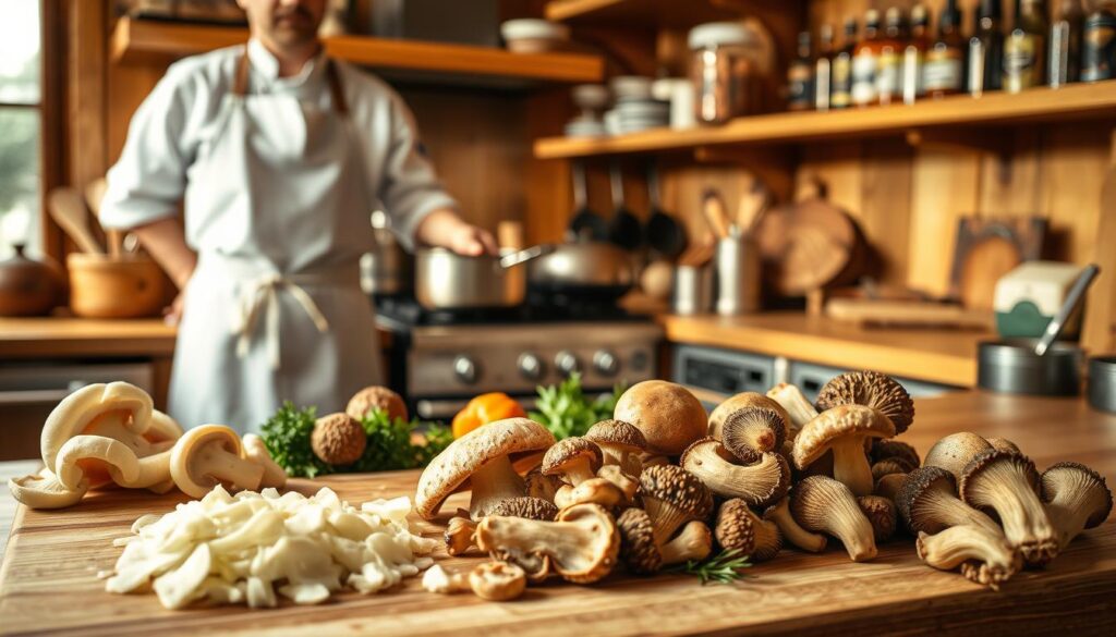 A cozy kitchen scene focused on the process of cooking mushrooms. In the foreground, a wooden cutting board displays a variety of fresh mushrooms, including porcini, chanterelles, and morels, sliced and ready to be cooked. A chef, dressed in a simple white apron and professional attire, stands over a stovetop, stirring a pot of bubbling mushroom stew, with steam rising attractively. The middle ground features an assortment of kitchen utensils and herbs, adding texture and color. The background reveals warm wooden shelves filled with spices and cooking books, softly illuminated by natural light streaming in through a window, creating an inviting and homey atmosphere, emphasizing the art of mushroom preparation and cooking.