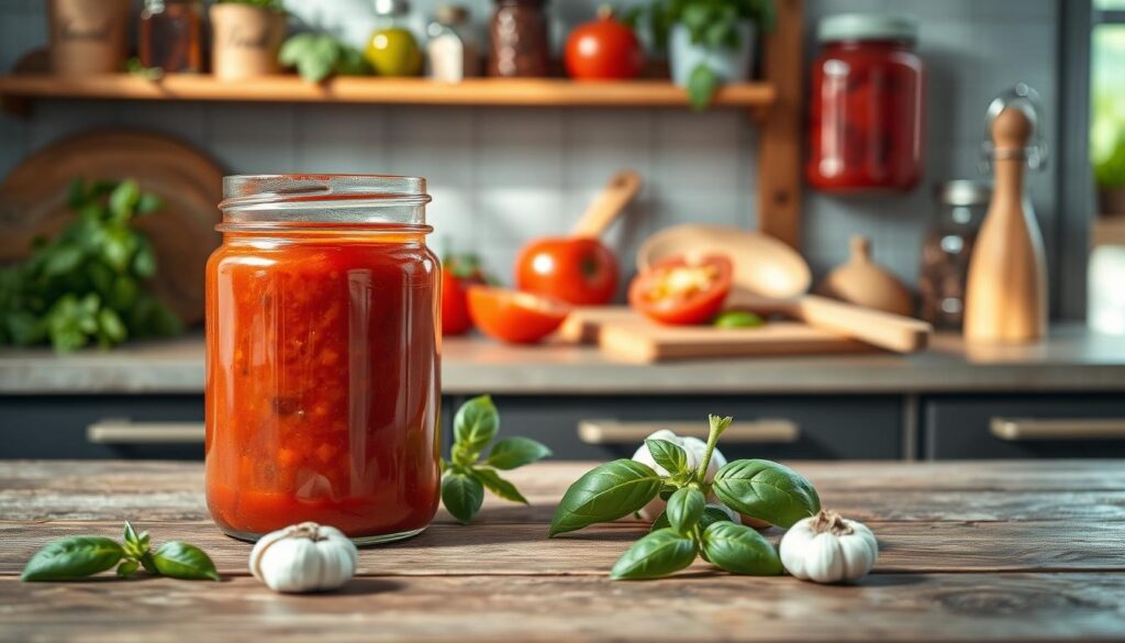 A cozy kitchen scene focused on the storage of homemade tomato sauce. In the foreground, a clear glass jar filled with vibrant red tomato sauce sits on a rustic wooden countertop, surrounded by fresh basil leaves and garlic. In the middle ground, there's a stylish wooden cutting board with sliced tomatoes and a wooden spoon, emphasizing the freshness of ingredients. The background features a softly lit kitchen shelf lined with herbs, spices, and additional jars, conveying warmth and home-cooked comfort. The lighting is natural, coming from a nearby window, creating gentle shadows and highlights. The overall atmosphere is inviting and kitchen-oriented, perfect for those looking to store their delicious tomato sauce.
