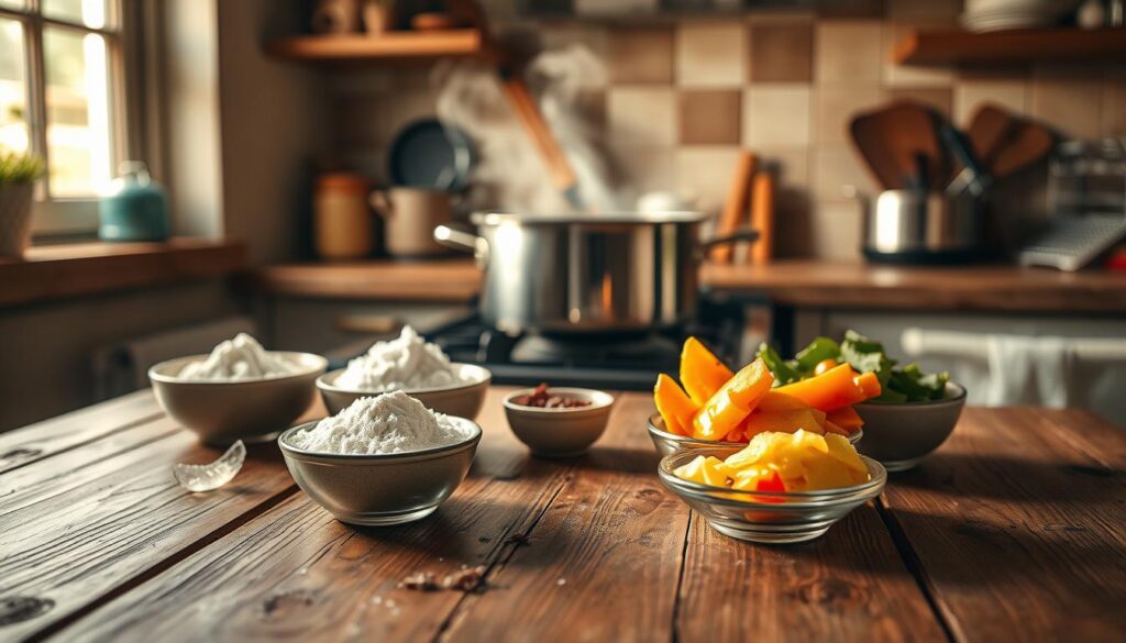 A cozy kitchen scene focusing on various alternative methods for thickening sauces, showcasing a rustic wooden table in the foreground. On the table, there are ingredients like cornstarch, arrowroot powder, and pureed vegetables, artfully arranged in small bowls. The middle ground features a pot simmering on the stove, with steam rising gently, emphasizing the cooking process. In the background, warm light filters through a window, casting a soft glow and creating a homely atmosphere. The angle is slightly overhead, capturing the intricate details of the ingredients and pot while maintaining a clear focus on the concept of sauce thickening. The mood is inviting and educational, perfect for demonstrating cooking techniques.