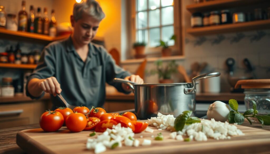 A cozy kitchen scene showcasing a cook in modest casual clothing, focused on salvaging a pot of overly acidic tomato sauce. In the foreground, the cook stirs the sauce in a medium-sized saucepan, with visible tomatoes and herbs scattered around. The middle ground features a wooden cutting board with diced onions, garlic, and fresh basil. The background reveals warm, soft lighting emphasizing the inviting atmosphere of the kitchen, with shelves stocked with spices and cooking utensils. A gently glowing window allows natural light to fill the room, creating a homey feel. The overall mood is one of culinary creativity and problem-solving, perfect for illustrating the process of adjusting flavors in tomato sauce. A cozy kitchen scene showcasing a cook in modest casual clothing, focused on salvaging a pot of overly acidic tomato sauce. In the foreground, the cook stirs the sauce in a medium-sized saucepan, with visible tomatoes and herbs scattered around. The middle ground features a wooden cutting board with diced onions, garlic, and fresh basil. The background reveals warm, soft lighting emphasizing the inviting atmosphere of the kitchen, with shelves stocked with spices and cooking utensils. A gently glowing window allows natural light to fill the room, creating a homey feel. The overall mood is one of culinary creativity and problem-solving, perfect for illustrating the process of adjusting flavors in tomato sauce.