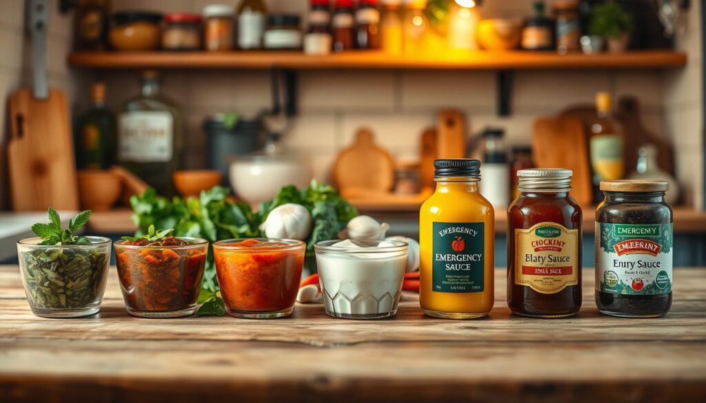 A cozy kitchen scene showcasing six different emergency sauces, each in a small bowl or jar, neatly arranged on a rustic wooden countertop. The foreground features a vibrant green herb sauce, a rich tomato-based sauce, a creamy white garlic sauce, a tangy mustard vinaigrette, a spicy chili oil, and a savory soy sauce. The middle area includes various ingredients like fresh herbs, garlic cloves, and spices, creating a sense of abundance. In the background, a softly lit kitchen shelf is adorned with pantry staples like olive oil, vinegar, and jars of dried spices. The warm, inviting lighting casts soft shadows, enhancing the mood of a homely cooking environment. Use a shallow depth of field to emphasize the sauces, creating an inviting atmosphere that inspires cooking creativity. A cozy kitchen scene showcasing six different emergency sauces, each in a small bowl or jar, neatly arranged on a rustic wooden countertop. The foreground features a vibrant green herb sauce, a rich tomato-based sauce, a creamy white garlic sauce, a tangy mustard vinaigrette, a spicy chili oil, and a savory soy sauce. The middle area includes various ingredients like fresh herbs, garlic cloves, and spices, creating a sense of abundance. In the background, a softly lit kitchen shelf is adorned with pantry staples like olive oil, vinegar, and jars of dried spices. The warm, inviting lighting casts soft shadows, enhancing the mood of a homely cooking environment. Use a shallow depth of field to emphasize the sauces, creating an inviting atmosphere that inspires cooking creativity.