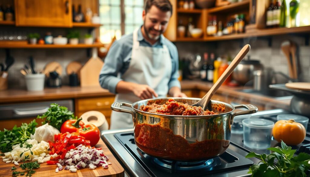 A cozy kitchen scene showcasing the preparation of a hearty spaghetti meat sauce. In the foreground, a wooden cutting board holds diced onions, minced garlic, and fresh herbs, surrounded by vibrant vegetables like bell peppers and tomatoes. A simmering pot filled with rich, thick bolognese sauce sits on the stove, steam gently rising from it. In the middle, a chef, dressed in a neat white apron and a casual shirt, stirs the sauce with a wooden spoon, looking focused and content. The background features rustic kitchen cabinets, shelves lined with spices, and a window allowing warm, natural light to flood in, creating an inviting, home-cooked atmosphere. The overall mood is warm and inviting, perfect for a family meal.