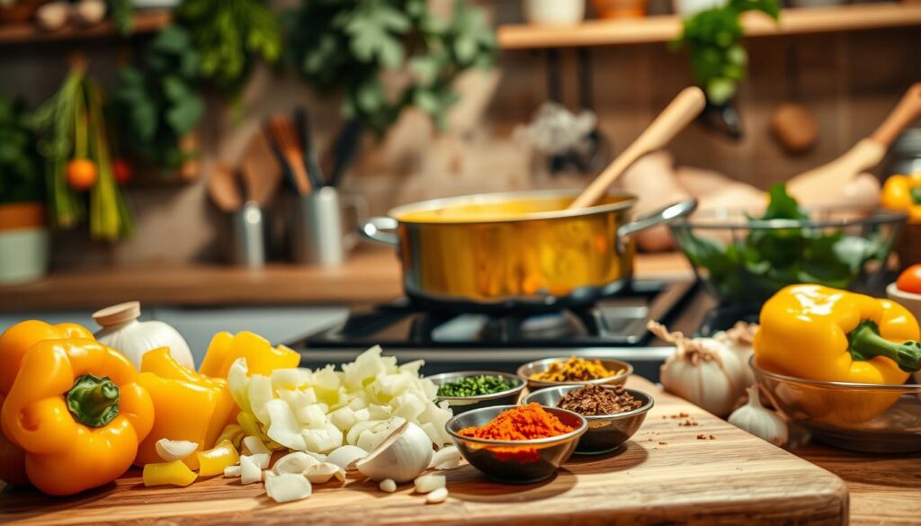 A cozy kitchen scene showcasing the preparation of curry sauce for chicken. In the foreground, a wooden cutting board with fresh ingredients: vibrant yellow and orange bell peppers, chopped onions, garlic cloves, and a dish of vibrant spices in small bowls, such as turmeric and cumin. In the middle, a saucepan simmering on a stovetop, with steam gently rising and a wooden spoon stirring the mixture, revealing a rich, golden curry sauce. The background features soft, ambient lighting illuminating the warm tones of the kitchen, with herbs hanging from shelves and a bowl of fresh chicken waiting to be cooked. Capture a homey and inviting atmosphere, emphasizing the textures and colors of the ingredients. A cozy kitchen scene showcasing the preparation of curry sauce for chicken. In the foreground, a wooden cutting board with fresh ingredients: vibrant yellow and orange bell peppers, chopped onions, garlic cloves, and a dish of vibrant spices in small bowls, such as turmeric and cumin. In the middle, a saucepan simmering on a stovetop, with steam gently rising and a wooden spoon stirring the mixture, revealing a rich, golden curry sauce. The background features soft, ambient lighting illuminating the warm tones of the kitchen, with herbs hanging from shelves and a bowl of fresh chicken waiting to be cooked. Capture a homey and inviting atmosphere, emphasizing the textures and colors of the ingredients.