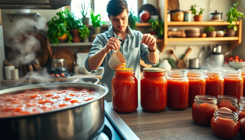 A cozy kitchen scene showcasing the process of pasteurizing tomato puree. In the foreground, a large pot filled with rich, bubbling tomato puree simmering on the stove, with steam rising gently. Nearby, jars of varying sizes are meticulously lined up, ready for filling. In the middle ground, a person in modest casual clothing is carefully pouring the hot puree into the jars using a funnel, with a focused expression. The background features rustic wooden shelves filled with fresh herbs and cooking utensils, adding warmth to the atmosphere. Soft, natural lighting from a nearby window enhances the rich red tones of the tomatoes and creates a homely, inviting environment. The overall mood conveys the art of preserving homemade tomato puree with care and passion.