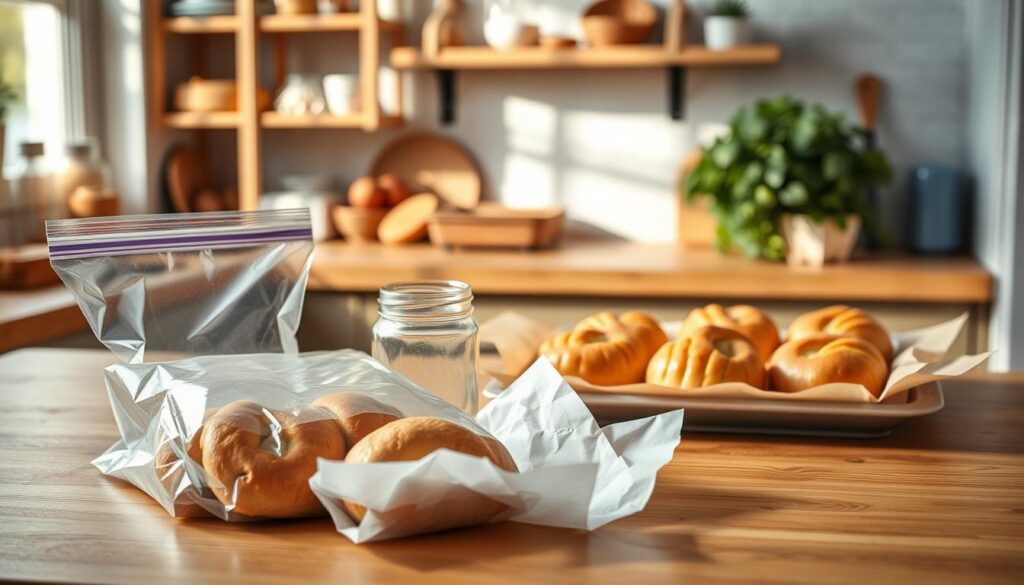 A cozy kitchen scene showcasing the storage of freshly baked pastries. In the foreground, a wooden kitchen counter is neatly organized with several techniques for storing pastries: a sealed plastic freezer bag, a glass jar, and parchment paper wraps. The middle ground highlights a soft-focus view of a baking tray filled with golden-brown pastries, arranged aesthetically. In the background, soft natural light streams through a window, casting gentle shadows, while shelves filled with baking ingredients and a bouquet of fresh herbs add warmth to the atmosphere. The composition radiates a welcoming and informative mood, perfect for illustrating pastry storage tips.