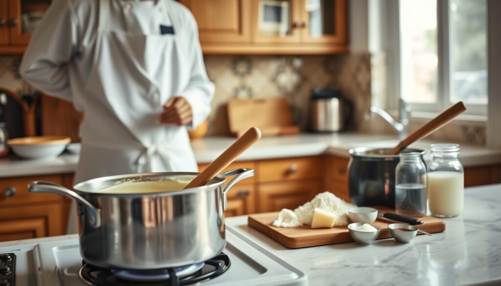 A cozy kitchen scene where a skilled chef, dressed in a white apron and modest attire, is preparing béchamel sauce step by step. In the foreground, a stainless steel saucepan simmers gently on a stove, with a wooden spoon stirring the creamy mixture. The middle ground features a countertop with neatly arranged ingredients: butter, flour, milk, and a pinch of nutmeg, with a few measuring spoons for precise proportions. The background shows soft lighting filtering through a window, illuminating the kitchen's warm wooden cabinets and tiled backsplash, creating an inviting atmosphere. The overall mood is calm and focused, emphasizing the craft of cooking.