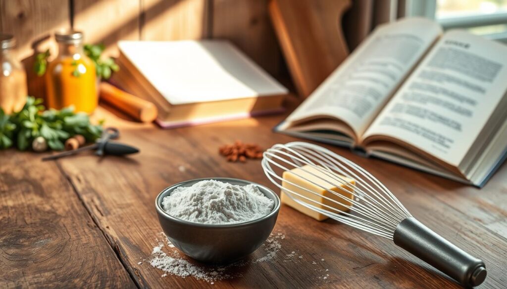 A cozy kitchen setting showcasing the essential ingredients for making a perfect roux, which includes a small bowl of flour, a stick of butter, and a whisk. The ingredients are arranged on a rustic wooden countertop, with a warm, soft light cascading from a nearby window, casting gentle shadows. In the background, there are herbs, spices, and a cookbook open to a relevant page about sauces. The composition should highlight the textures and colors of the ingredients, creating an inviting and homely atmosphere. The perspective should be slightly elevated, providing a clear view of the arrangement, inviting the viewer into the cooking experience.