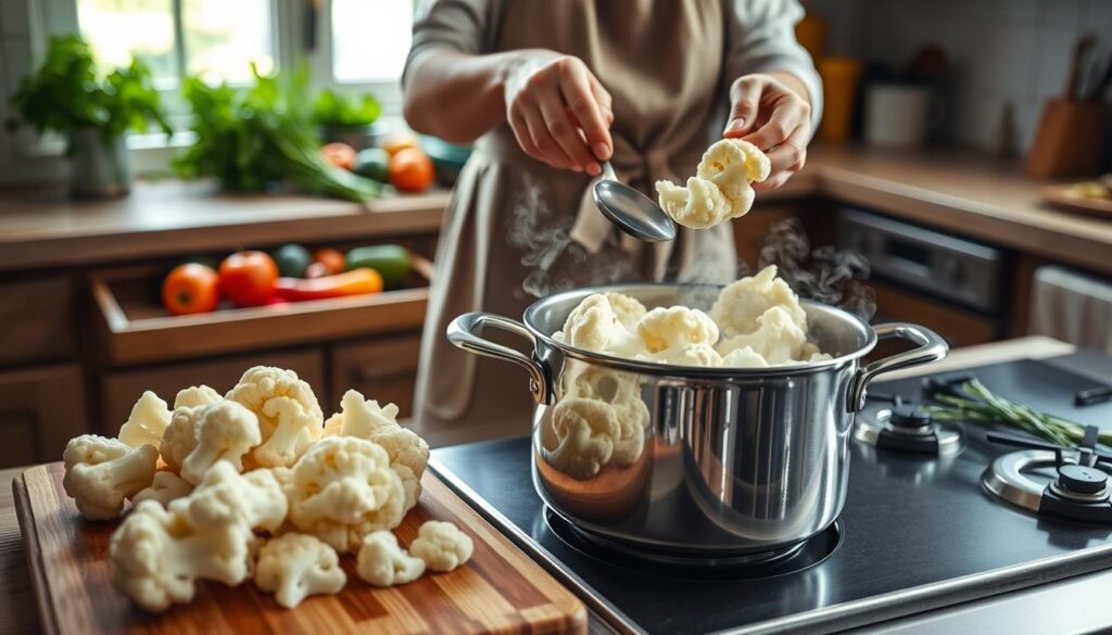 A cozy kitchen setting showcasing traditional methods of cooking cauliflower. In the foreground, a wooden cutting board displays fresh cauliflower florets being prepared for cooking, with a stainless steel pot filled with boiling water on the stove. The middle section features a seasoned cook, dressed in a modest apron, carefully adding florets to the pot using a slotted spoon. In the background, light streams through a window, illuminating an array of colorful vegetables and herbs on a counter, creating a warm and inviting atmosphere. The scene captures the essence of wholesome home cooking, emphasizing textures and vibrant colors with soft, natural lighting. The angle is slightly above eye level, providing a clear view of the cooking process without distractions.