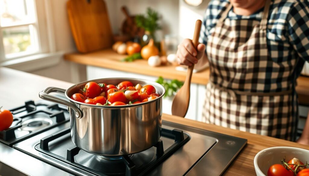 A cozy kitchen setting where a home cook prepares a rich tomato sauce for pasta. In the foreground, a stainless steel pot simmers on a gas stove, filled with vibrant red tomatoes, garlic, and fresh basil. The cook is a middle-aged person wearing a checked apron, stirring the sauce with a wooden spoon, showing focus and enjoyment. In the middle background, there are various ingredients neatly arranged on a wooden countertop, including onions, olive oil, and a bowl of fresh herbs. Soft, warm lighting from a window casts gentle shadows, creating a welcoming atmosphere. The overall mood conveys a sense of home cooking and culinary creativity, emphasizing the importance of homemade sauce for pasta dishes.
