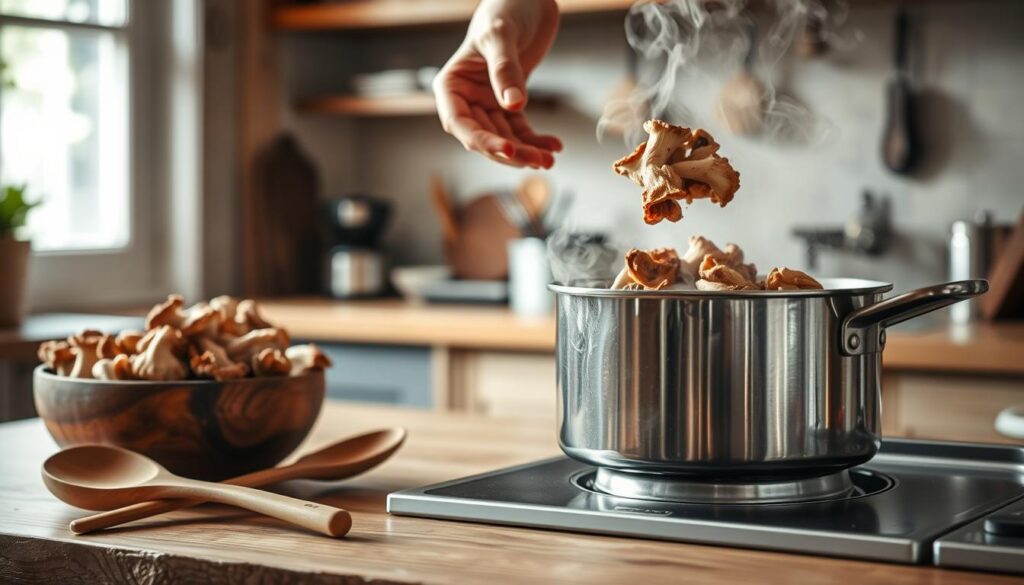 A cozy kitchen setting, with a wooden countertop displaying a variety of dried mushrooms in a rustic bowl. In the foreground, a pot of water simmering gently on the stove, steam rising to create a warm atmosphere. A pair of wooden cooking utensils rests next to the pot, ready for use. In the middle, a hand is seen carefully pouring the dried mushrooms into the pot, showcasing the cooking process. The background features soft, natural daylight streaming through a window, illuminating the kitchen space and casting subtle shadows. The mood is inviting and homey, emphasizing the art of cooking dried mushrooms. The overall composition should convey warmth, domesticity, and culinary tradition, focusing on the preparation of mushrooms without any distractions. A cozy kitchen setting, with a wooden countertop displaying a variety of dried mushrooms in a rustic bowl. In the foreground, a pot of water simmering gently on the stove, steam rising to create a warm atmosphere. A pair of wooden cooking utensils rests next to the pot, ready for use. In the middle, a hand is seen carefully pouring the dried mushrooms into the pot, showcasing the cooking process. The background features soft, natural daylight streaming through a window, illuminating the kitchen space and casting subtle shadows. The mood is inviting and homey, emphasizing the art of cooking dried mushrooms. The overall composition should convey warmth, domesticity, and culinary tradition, focusing on the preparation of mushrooms without any distractions.
