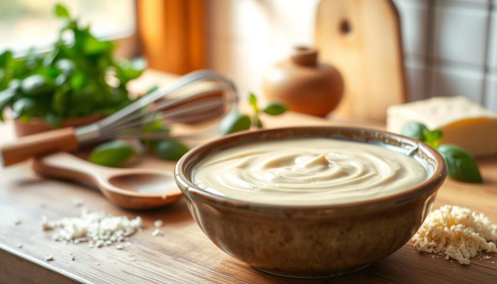 A creamy bechamel sauce for lasagna, beautifully displayed in a rustic ceramic bowl, resting on a wooden countertop. In the foreground, the rich, smooth texture of the sauce shines under soft, diffused natural light, highlighting its velvety consistency. In the middle ground, a whisk and a wooden spoon suggest preparation, while basil leaves and grated cheese lay nearby, adding a pop of color. The background features a blurred kitchen setting with warm wooden tones and soft-focus herbs, creating a cozy, inviting atmosphere. The scene evokes a sense of comfort and culinary mastery, perfect for illustrating a classic recipe for a lump-free bechamel sauce, emphasizing the elegance and simplicity of homemade cooking.