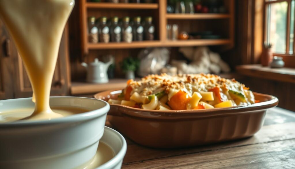A creamy béchamel sauce poured over a golden-brown baked dish, featuring pasta and vegetables, in a rustic kitchen setting. The foreground showcases the velvety béchamel in a white ceramic bowl, with a wooden spoon resting beside it, a light sheen glistening on the sauce's surface. In the middle, the baked dish is nestled in a ceramic casserole, steam rising gently, with a crispy cheese layer on top. The background displays warm wooden shelves filled with spices and herbs, illuminated by soft, natural light coming through a nearby window, creating a cozy, inviting atmosphere. The overall mood is comforting and homey, ideal for illustrating versatility in cooking. A creamy béchamel sauce poured over a golden-brown baked dish, featuring pasta and vegetables, in a rustic kitchen setting. The foreground showcases the velvety béchamel in a white ceramic bowl, with a wooden spoon resting beside it, a light sheen glistening on the sauce's surface. In the middle, the baked dish is nestled in a ceramic casserole, steam rising gently, with a crispy cheese layer on top. The background displays warm wooden shelves filled with spices and herbs, illuminated by soft, natural light coming through a nearby window, creating a cozy, inviting atmosphere. The overall mood is comforting and homey, ideal for illustrating versatility in cooking.