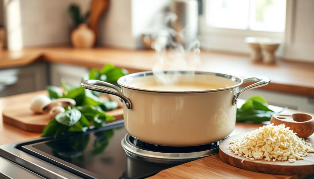 A creamy béchamel sauce prepared for pasta, depicted in a warm, inviting kitchen. In the foreground, a stylish saucepan simmers on a stove, with steam gently rising. The béchamel sauce is smooth and velvety, with a light sheen, complementing a beige and white color palette. Surrounding the saucepan are fresh ingredients like spinach, mushrooms, and grated cheese, artistically arranged on a wooden cutting board. In the background, soft natural light filters through a window, casting a gentle glow over the scene, enhancing the wholesome and comforting atmosphere. The overall composition conveys a sense of culinary warmth and delicacy, inviting viewers to explore the richness of béchamel sauce as a pasta base.