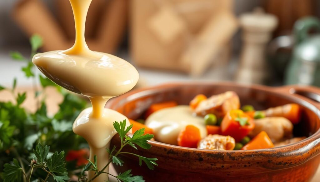 A creamy cheese sauce is elegantly poured over a vibrant, steaming chicken stew, showcasing its rich texture and color. In the foreground, a bowl filled with the luscious cheese sauce is surrounded by fresh herbs like parsley and thyme, adding a pop of green. The middle ground captures the hearty chicken stew in a rustic ceramic dish, filled with colorful vegetables like carrots, peas, and bell peppers. The background features a softly blurred kitchen setting, evoking a warm, inviting atmosphere. Soft, natural lighting highlights the reflective sheen of the cheese sauce, enhancing its inviting appearance. The scene is captured from a slightly elevated angle, creating a cozy and appetizing ambiance. A creamy cheese sauce is elegantly poured over a vibrant, steaming chicken stew, showcasing its rich texture and color. In the foreground, a bowl filled with the luscious cheese sauce is surrounded by fresh herbs like parsley and thyme, adding a pop of green. The middle ground captures the hearty chicken stew in a rustic ceramic dish, filled with colorful vegetables like carrots, peas, and bell peppers. The background features a softly blurred kitchen setting, evoking a warm, inviting atmosphere. Soft, natural lighting highlights the reflective sheen of the cheese sauce, enhancing its inviting appearance. The scene is captured from a slightly elevated angle, creating a cozy and appetizing ambiance.