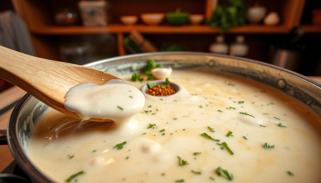 A creamy chicken sauce preparation scene, showcasing a saucepan simmering with rich, smooth sour cream and herbs blending together. In the foreground, a wooden spoon rests on the edge of the pot, with droplets of sauce glistening. The middle layer features fresh ingredients like chopped parsley, garlic cloves, and a small bowl of spices ready to be added. The background should be a warm, inviting kitchen with soft lighting, giving a cozy atmosphere, and shelves lined with cooking essentials. The perspective should be slightly overhead, capturing the enticing colors and textures of the sauce while maintaining a focus on the cooking process. The overall mood is comforting and homely, inviting viewers to try the recipe. A creamy chicken sauce preparation scene, showcasing a saucepan simmering with rich, smooth sour cream and herbs blending together. In the foreground, a wooden spoon rests on the edge of the pot, with droplets of sauce glistening. The middle layer features fresh ingredients like chopped parsley, garlic cloves, and a small bowl of spices ready to be added. The background should be a warm, inviting kitchen with soft lighting, giving a cozy atmosphere, and shelves lined with cooking essentials. The perspective should be slightly overhead, capturing the enticing colors and textures of the sauce while maintaining a focus on the cooking process. The overall mood is comforting and homely, inviting viewers to try the recipe.