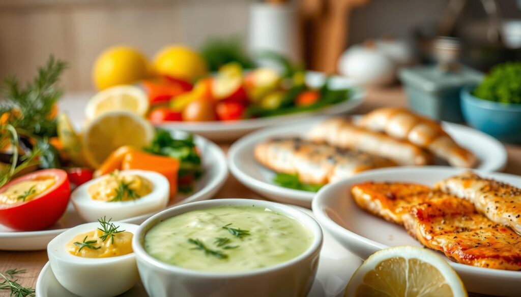 A creamy, dill sauce elegantly drizzled over a variety of dishes, such as boiled eggs, roasted vegetables, and fresh seafood. In the foreground, a small bowl of the vibrant green sauce sits surrounded by colorful ingredients like dill sprigs, lemon wedges, and a sprinkle of black pepper. The middle ground features beautifully plated dishes showcasing the sauce's versatility—eggs garnished with dill, vibrant vegetables, and fish fillets. In the background, a softly blurred kitchen setting with warm lighting creates an inviting atmosphere. The angle is at a slight overhead view, capturing the essence of a cozy cooking space. The mood is fresh and appetizing, reflecting a sense of quick, delightful culinary creativity. A creamy, dill sauce elegantly drizzled over a variety of dishes, such as boiled eggs, roasted vegetables, and fresh seafood. In the foreground, a small bowl of the vibrant green sauce sits surrounded by colorful ingredients like dill sprigs, lemon wedges, and a sprinkle of black pepper. The middle ground features beautifully plated dishes showcasing the sauce's versatility—eggs garnished with dill, vibrant vegetables, and fish fillets. In the background, a softly blurred kitchen setting with warm lighting creates an inviting atmosphere. The angle is at a slight overhead view, capturing the essence of a cozy cooking space. The mood is fresh and appetizing, reflecting a sense of quick, delightful culinary creativity.
