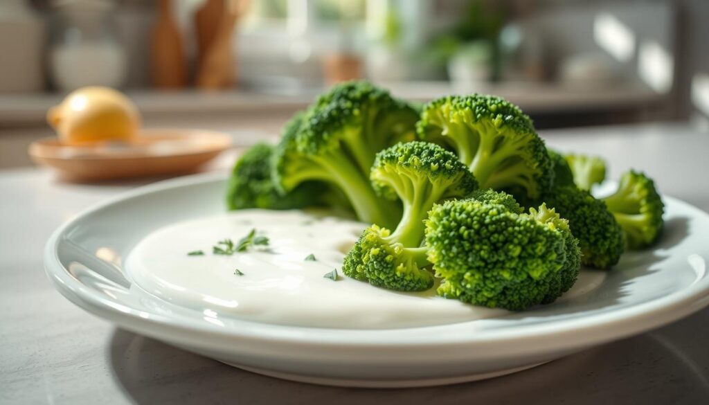 A creamy, light yogurt sauce designed for drizzling over vibrant green broccoli florets, arranged beautifully on a pristine white plate. The foreground features the sauce, with its smooth, glossy texture, garnished with a sprinkle of fresh herbs for added color. In the middle, the perfectly cooked broccoli stands bright against the pale sauce, exuding freshness. The background softly fades into a kitchen setting, with natural light filtering through a window, casting gentle shadows that enhance the inviting atmosphere. Use a shallow depth of field to draw focus to the broccoli and sauce, creating a mouthwatering and appetizing scene that inspires healthy eating. A creamy, light yogurt sauce designed for drizzling over vibrant green broccoli florets, arranged beautifully on a pristine white plate. The foreground features the sauce, with its smooth, glossy texture, garnished with a sprinkle of fresh herbs for added color. In the middle, the perfectly cooked broccoli stands bright against the pale sauce, exuding freshness. The background softly fades into a kitchen setting, with natural light filtering through a window, casting gentle shadows that enhance the inviting atmosphere. Use a shallow depth of field to draw focus to the broccoli and sauce, creating a mouthwatering and appetizing scene that inspires healthy eating.
