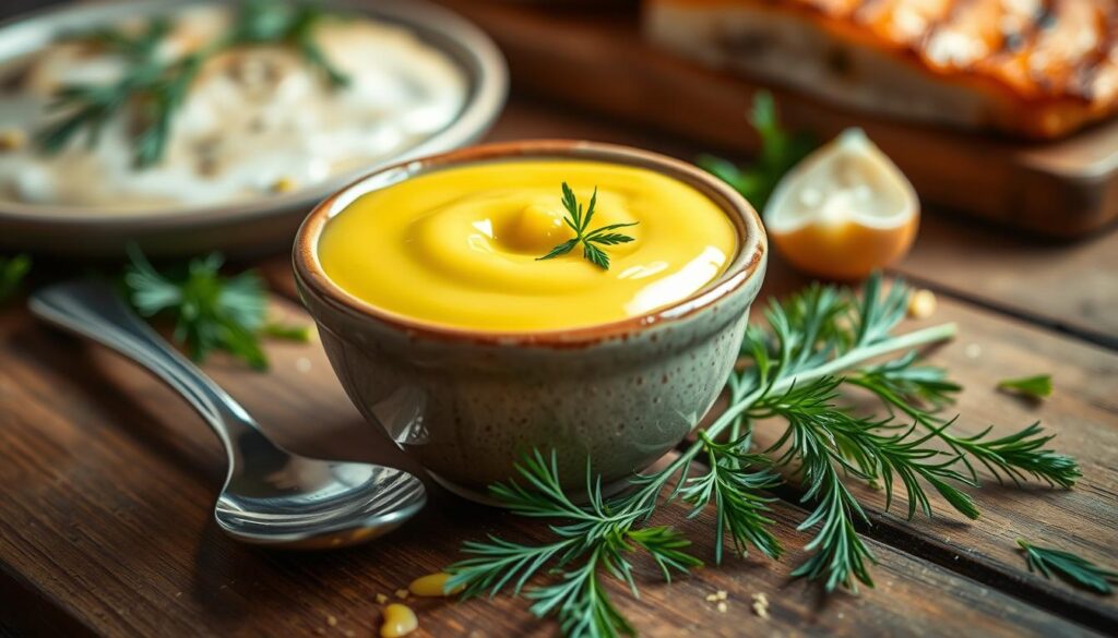A creamy mustard sauce, vibrant yellow in color, elegantly displayed in a small, rustic ceramic bowl. The sauce glistens under soft, natural lighting, highlighting its smooth texture. In the foreground, a spoon rests beside the bowl, adding a touch of rustic charm. The middle ground features fresh herbs, such as dill and parsley, artistically sprinkled around the bowl, hinting at the sauce's flavor profile. The background reveals a blurred setting of a wooden table and subtle hints of gourmet fish dishes, enhancing the culinary context. The overall mood is inviting and warm, perfect for food enthusiasts looking to explore classic mustard sauce for fish dishes. The composition is shot at a slight angle to capture depth and visual interest.