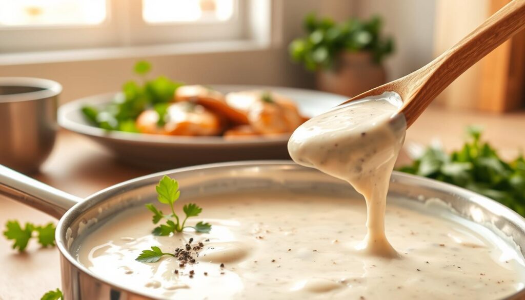 A creamy, quick chicken sauce is the focus of the image, showcasing a smooth, rich white sauce glistening in a stainless steel saucepan. The foreground features a wooden spoon dipping into the sauce, with ingredients like fresh parsley and a sprinkle of black pepper artfully placed around. In the middle, a plate of perfectly cooked chicken breasts garnished with herbs sits beside the saucepan, illustrating the dish's intended use. In the background, a soft-focus kitchen setting is visible, with warm natural light streaming through a window, creating a cozy and inviting atmosphere. The scene is shot from a slightly elevated angle, emphasizing the sauce's creamy texture and the delectable chicken, inviting viewers to explore this quick recipe. A creamy, quick chicken sauce is the focus of the image, showcasing a smooth, rich white sauce glistening in a stainless steel saucepan. The foreground features a wooden spoon dipping into the sauce, with ingredients like fresh parsley and a sprinkle of black pepper artfully placed around. In the middle, a plate of perfectly cooked chicken breasts garnished with herbs sits beside the saucepan, illustrating the dish's intended use. In the background, a soft-focus kitchen setting is visible, with warm natural light streaming through a window, creating a cozy and inviting atmosphere. The scene is shot from a slightly elevated angle, emphasizing the sauce's creamy texture and the delectable chicken, inviting viewers to explore this quick recipe.