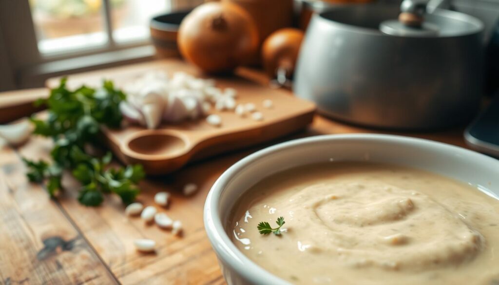 A creamy rice sauce preparation scene featuring a close-up view of a glossy, rich, and velvety sauce in a rustic bowl. In the foreground, a white ceramic bowl filled with the creamy sauce sits on a wooden table, decorated with fresh herbs like parsley or basil. In the middle, a small wooden spoon rests beside the bowl, with a few spilled grains of rice nearby, subtly indicating the dish's purpose. In the background, soft-focus kitchen elements include a wooden cutting board with a few chopped onions and garlic, warm ambient lighting filtering through a window, creating a cozy and inviting atmosphere. The overall mood is homely and appetizing, ideal for showcasing a delicious recipe.