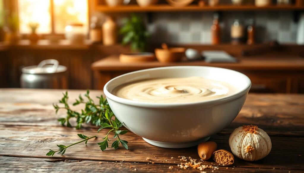 A creamy, velvety béchamel sauce in a white ceramic bowl, sitting elegantly on a rustic wooden kitchen table. The sauce is rich and thick, with a smooth texture that reflects light beautifully. Surrounding the bowl, there are fresh ingredients: a small bundle of fragrant fresh thyme, a few sprigs of parsley, and a pinch of nutmeg beside it. The background features a softly lit kitchen with wooden shelves displaying utensils and spices, creating a warm, inviting atmosphere. The lighting is warm and natural, casting soft shadows that enhance the sauce's glossiness. The focus is on the béchamel, emphasizing its luxurious creamy quality against the rustic setting, conveying the essence of culinary excellence.