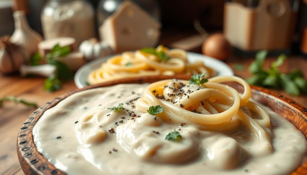 A creamy white pasta sauce, smooth and silky, fills a rustic wooden bowl in the foreground. The sauce is rich with glossy textures, crowned with a sprinkle of freshly cracked black pepper and finely chopped parsley, enhancing its elegance. In the middle ground, a plate of al dente pasta, twirled into a neat mound, sits invitingly, with strands glistening from the sauce. Soft, warm lighting casts a gentle glow, creating a cozy kitchen atmosphere. In the background, slightly blurred, fresh ingredients like garlic, parmesan cheese, and sprigs of basil subtly hint at the sauce's flavor profile. The angle is slightly above eye level, capturing the inviting essence of a delicious homemade meal. The image radiates warmth and comfort, perfect for a culinary lover's delight. A creamy white pasta sauce, smooth and silky, fills a rustic wooden bowl in the foreground. The sauce is rich with glossy textures, crowned with a sprinkle of freshly cracked black pepper and finely chopped parsley, enhancing its elegance. In the middle ground, a plate of al dente pasta, twirled into a neat mound, sits invitingly, with strands glistening from the sauce. Soft, warm lighting casts a gentle glow, creating a cozy kitchen atmosphere. In the background, slightly blurred, fresh ingredients like garlic, parmesan cheese, and sprigs of basil subtly hint at the sauce's flavor profile. The angle is slightly above eye level, capturing the inviting essence of a delicious homemade meal. The image radiates warmth and comfort, perfect for a culinary lover's delight.