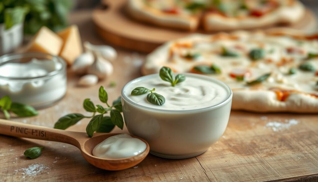 A creamy white sauce for pizza preparation, showcasing a small bowl of the freshly made sauce at the center. In the foreground, a wooden spoon rests beside the bowl, draped with fresh herbs like basil and parsley for garnish. The middle ground features a rustic kitchen countertop with ingredients such as sour cream, garlic cloves, and cheese, artfully arranged. In the background, a blurred pizza crust and toppings hint at the final dish to be assembled. Soft, natural lighting illuminates the scene, creating a warm and inviting atmosphere. The angle is slightly elevated, capturing the vibrant textures and colors of the sauce and ingredients, evoking a sense of comfort and homemade goodness.