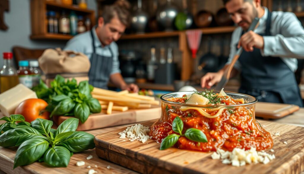 A delicious and colorful pasta sauce preparation scene, showcasing various ingredients that enhance flavors. In the foreground, a wooden cutting board is adorned with fresh basil, parmesan cheese, and diced garlic, while a small pot of simmering tomato sauce sits invitingly. The middle ground features a rustic kitchen setting, with a chef in a professional apron, carefully adding spices and herbs to the sauce with an engaged expression. In the background, a cozy kitchen atmosphere is created with warm lighting, wooden shelves lined with jars of spices and condiments, and hanging pots. Capture the vibrant colors of the ingredients and emphasize a mood of culinary creativity and warmth, inviting viewers to explore the art of flavor enhancement in cooking.