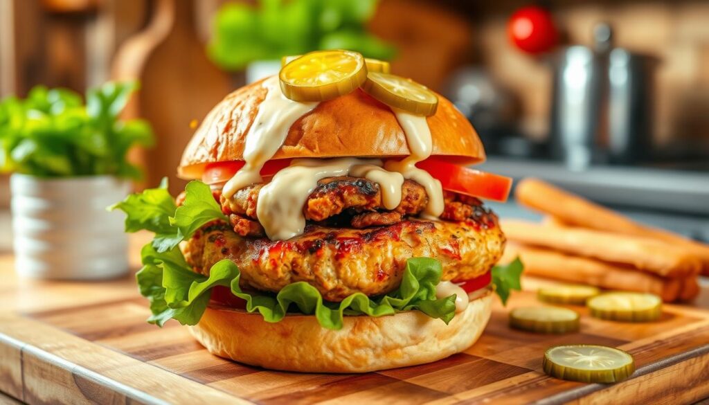 A delicious and visually appealing chicken burger with a rich, creamy sauce drizzling over the top, served on a fresh, toasted brioche bun. The burger is garnished with crisp lettuce, juicy tomato slices, and slices of crunchy pickles, all artfully arranged on a wooden cutting board. In the background, a softly blurred rustic kitchen ambiance with warm lighting enhances the inviting atmosphere. The scene is shot from a slightly elevated angle, showcasing the burger's succulent texture and vibrant colors. The lighting is warm and natural, creating a cozy feel, perfect for highlighting the flavors of the dish.