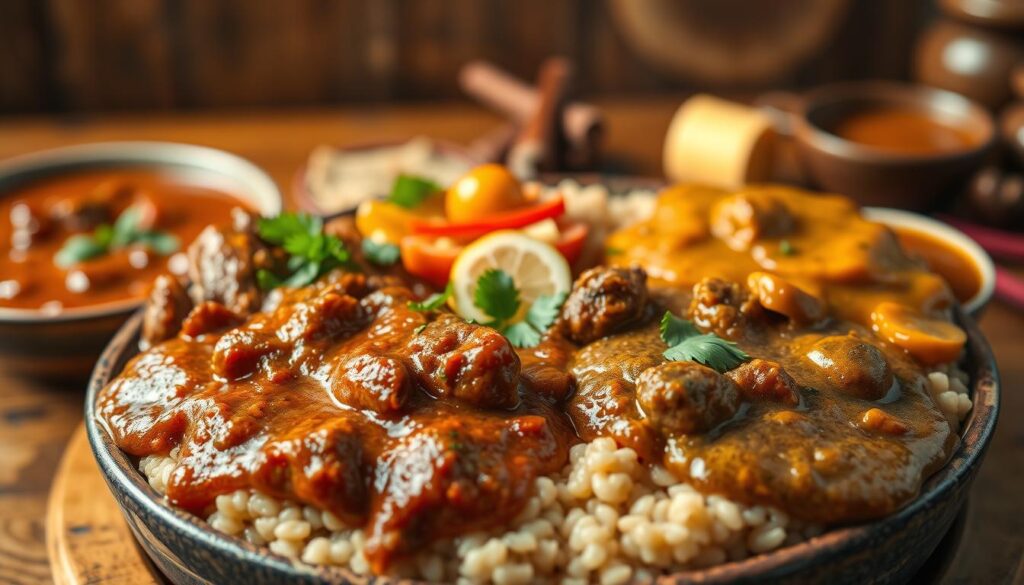 A delicious array of meat sauces served over a steaming bowl of buckwheat groats, showcasing rich, creamy textures and vibrant colors. In the foreground, depict a variety of meat sauces, such as a hearty beef stew sauce, a spicy chicken curry sauce, and a savory pork gravy, all artistically drizzled over the groats. In the middle, include garnishes like fresh herbs, sliced vegetables, and spices, enhancing the visual appeal. The background should feature a rustic wooden table setting, with warm lighting creating an inviting atmosphere. Use a shallow depth of field to focus on the saucy dish in the foreground while softly blurring the background. The mood should feel cozy and comforting, capturing the essence of a warming meal.