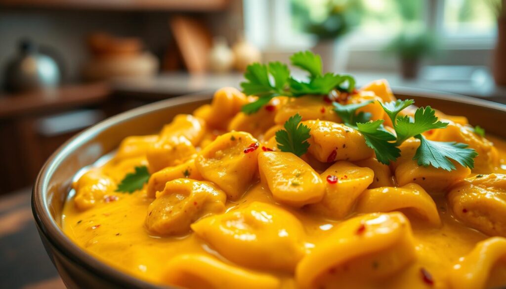 A delicious bowl of creamy curry sauce over perfectly cooked pasta with tender pieces of chicken, garnished with fresh cilantro and a sprinkle of chili flakes. The foreground features the vibrant yellow curry sauce glistening in the light, enveloping the pasta in a rich, velvety texture. In the middle ground, chunks of succulent chicken are nestled among the pasta, inviting and aromatic. The background offers a softly blurred kitchen setting with warm, natural lighting, creating a cozy, inviting atmosphere. The image should evoke a sense of comfort and warmth, highlighting the appeal of this flavorful dish. Capture this scene with a shallow depth of field to draw attention to the textures of the food, while maintaining a warm color palette to enhance the appetizing look of the curry sauce.