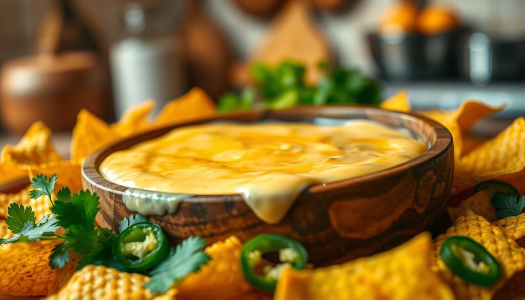 A delicious cheese dip for nachos, showcased in a rustic setting. In the foreground, a wooden bowl brimming with thick, creamy cheese sauce is surrounded by golden, crispy tortilla chips. The middle ground features garnishes like fresh cilantro and sliced jalapeños, adding vibrant pops of green and red color. The background contains a softly blurred kitchen environment, with warm lighting that creates a cozy atmosphere. The scene is captured using a close-up angle to emphasize the textures and richness of the cheese dip, instilling a sense of indulgence and comfort. The overall mood is inviting and appetizing, perfect for a delicious snack experience.