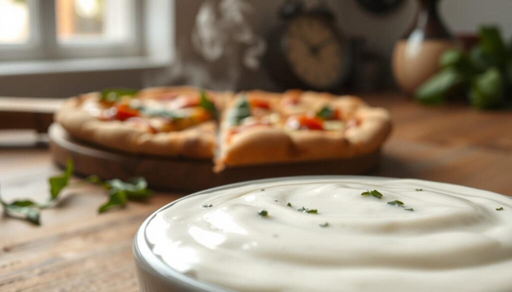 A delicious close-up of creamy white sauce for pizza, highlighting its smooth, velvety texture. In the foreground, a small bowl of freshly made sour cream sauce, garnished with finely chopped herbs like parsley or basil, sits next to a slice of white pizza topped with cheese and vegetables. In the middle background, a rustic wooden pizza peel holds a freshly baked pizza, emitting steam that suggests warmth and freshness. Soft, natural lighting illuminates the scene, creating a warm and inviting atmosphere that makes the sauce appear rich and appetizing. A shallow depth of field ensures the focus is on the sauce and the pizza slice, while the kitchen environment remains softly blurred, evoking a homey culinary vibe.