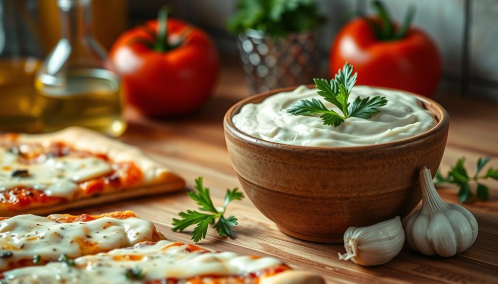 A delicious, creamy garlic sauce for pizza is the focal point, placed in a rustic bowl that showcases its thick texture and enticing color. Fresh garlic cloves and a sprig of parsley are artfully arranged around the bowl, adding bursts of white and green. The scene is set on a wooden countertop, with a pizza half in view, topped elegantly with melted cheese and fresh basil. Soft, warm lighting bathes the entire scene, creating a cozy and inviting atmosphere. In the background, blurred ingredients like olive oil, cracked pepper, and a vibrant red tomato suggest a culinary setting, enhancing the appeal of the garlic sauce. The composition captures the essence of comfort food, evoking a sense of home and flavor. A delicious, creamy garlic sauce for pizza is the focal point, placed in a rustic bowl that showcases its thick texture and enticing color. Fresh garlic cloves and a sprig of parsley are artfully arranged around the bowl, adding bursts of white and green. The scene is set on a wooden countertop, with a pizza half in view, topped elegantly with melted cheese and fresh basil. Soft, warm lighting bathes the entire scene, creating a cozy and inviting atmosphere. In the background, blurred ingredients like olive oil, cracked pepper, and a vibrant red tomato suggest a culinary setting, enhancing the appeal of the garlic sauce. The composition captures the essence of comfort food, evoking a sense of home and flavor.
