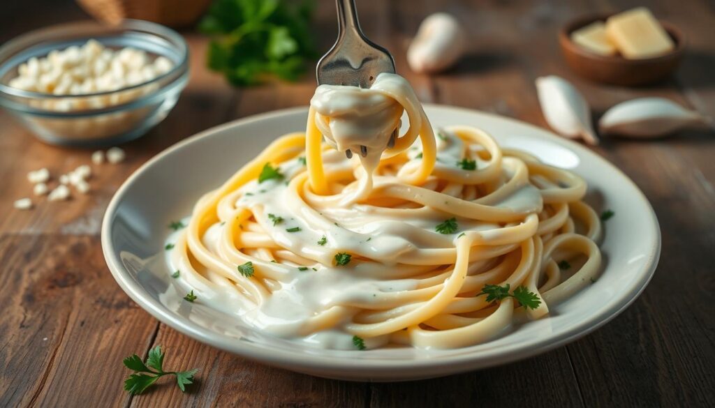 A delicious creamy pasta sauce (sos śmietanowy) is artfully poured over a plate of freshly cooked fettuccine noodles, showcasing its smooth, velvety texture. The foreground features a generous drizzle of the white sauce, glistening under soft, warm kitchen lighting. In the middle, a fork twirls the pasta, entwining strands around it, while scattered fresh herbs, like parsley, add vibrant green accents. The background reveals a rustic wooden table, adorned with a small bowl of grated cheese and a couple of garlic cloves for a hint of texture. The scene conveys a cozy, inviting atmosphere, perfect for home cooking. The angle captures the dish from slightly above, emphasizing the allure of the creamy sauce filling the plate, inviting viewers to savor the moment.