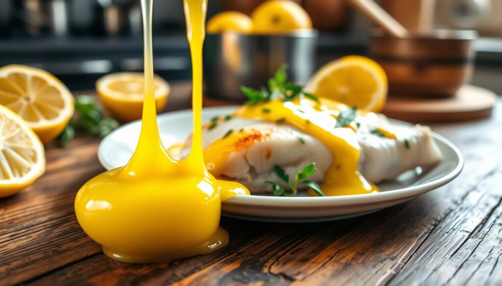 A delicious lemon sauce drizzled over a perfectly cooked piece of fish, garnished with fresh herbs and accompanied by lemon wedges on a rustic wooden table. The foreground features the vibrant yellow sauce glistening under natural light, highlighting its smooth texture. In the middle, the fish is artfully plated, with the sauce creating an inviting contrast against the tender white fillet. The background includes softly blurred kitchen elements, suggesting a cozy cooking environment, with warm, inviting tones throughout. The atmosphere is one of culinary delight, evoking a sense of freshness and simplicity. The entire composition conveys a home-cooked feel that invites the viewer to savor the moment.
